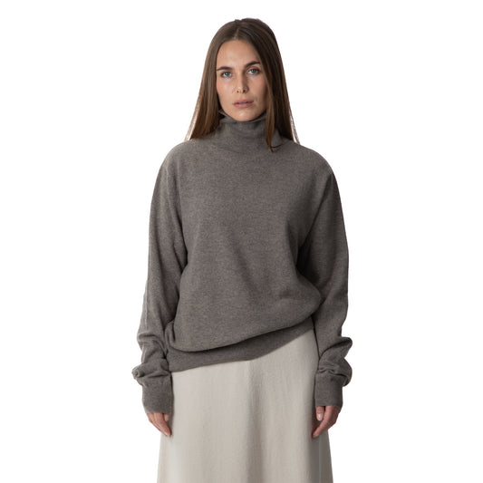 MA21 Cashmere Turtleneck Sweater by Mawei, grey-brown, front view, female model.