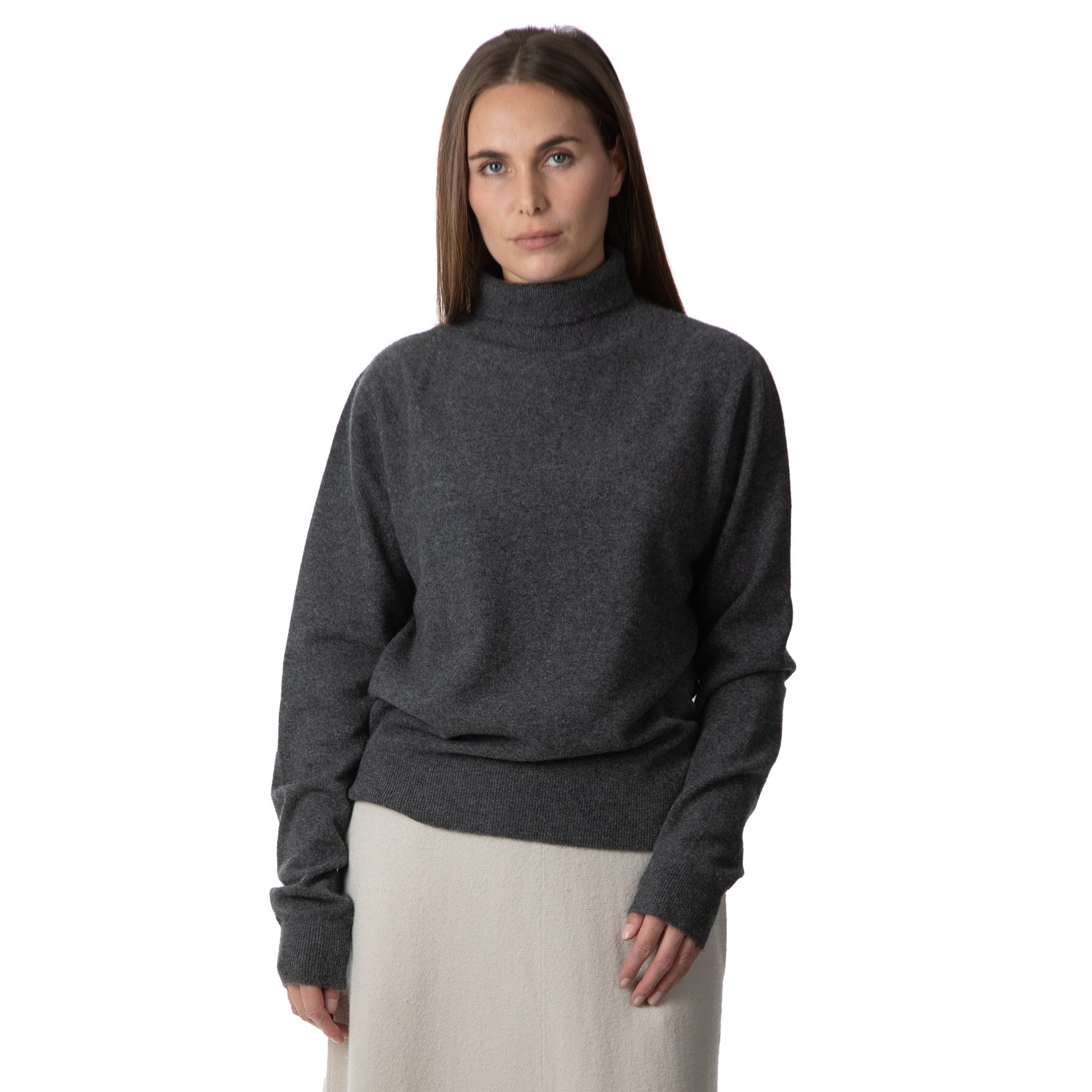 MA21 Cashmere Turtleneck Sweater by Mawei, grey, front view, female model.
