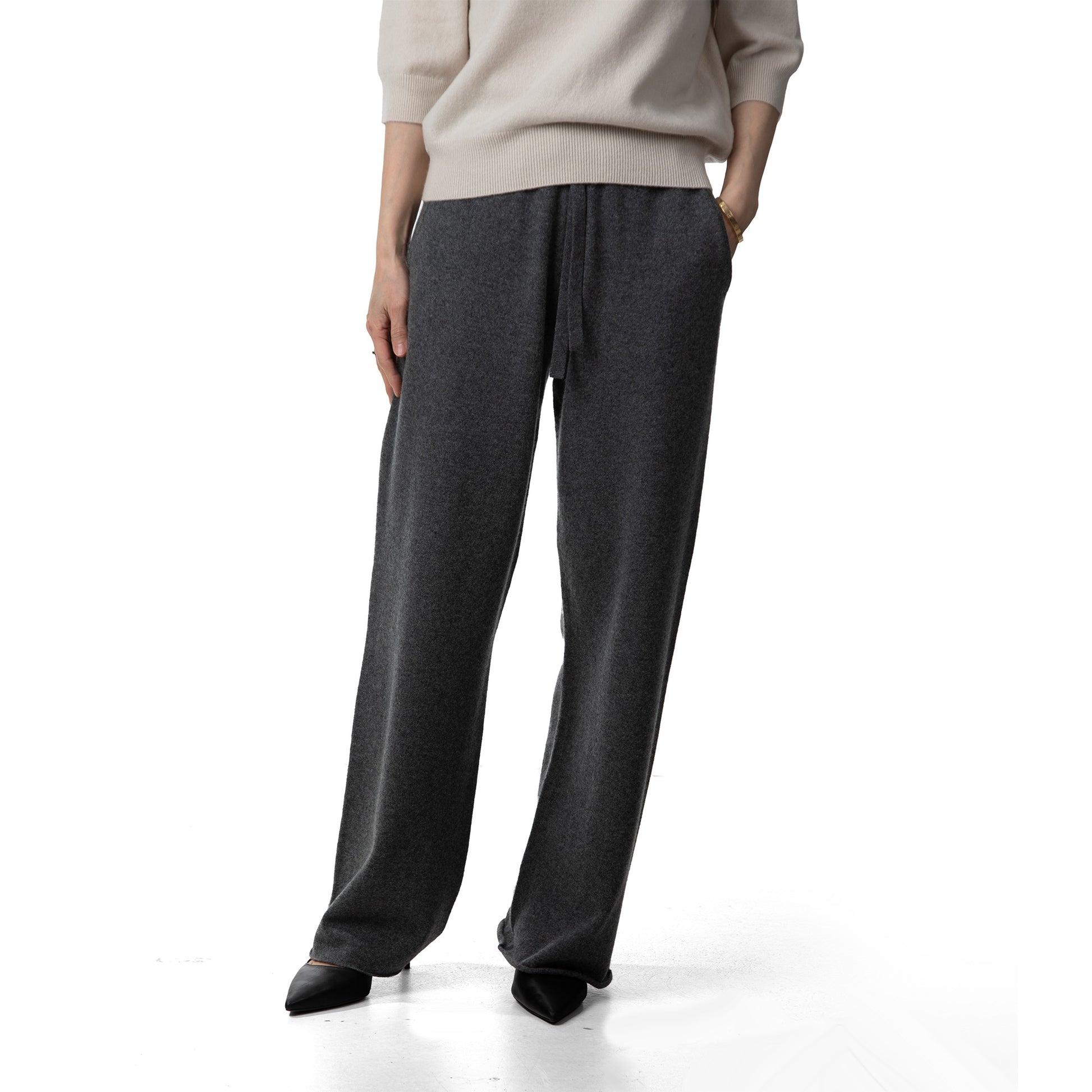 MA44 Cashmere Trousers with pockets by Mawei, grey, front view, female model.