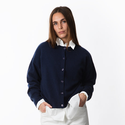 MA06 Cashmere Crewneck Cardigan by Mawei, navy blue, front view, female model.