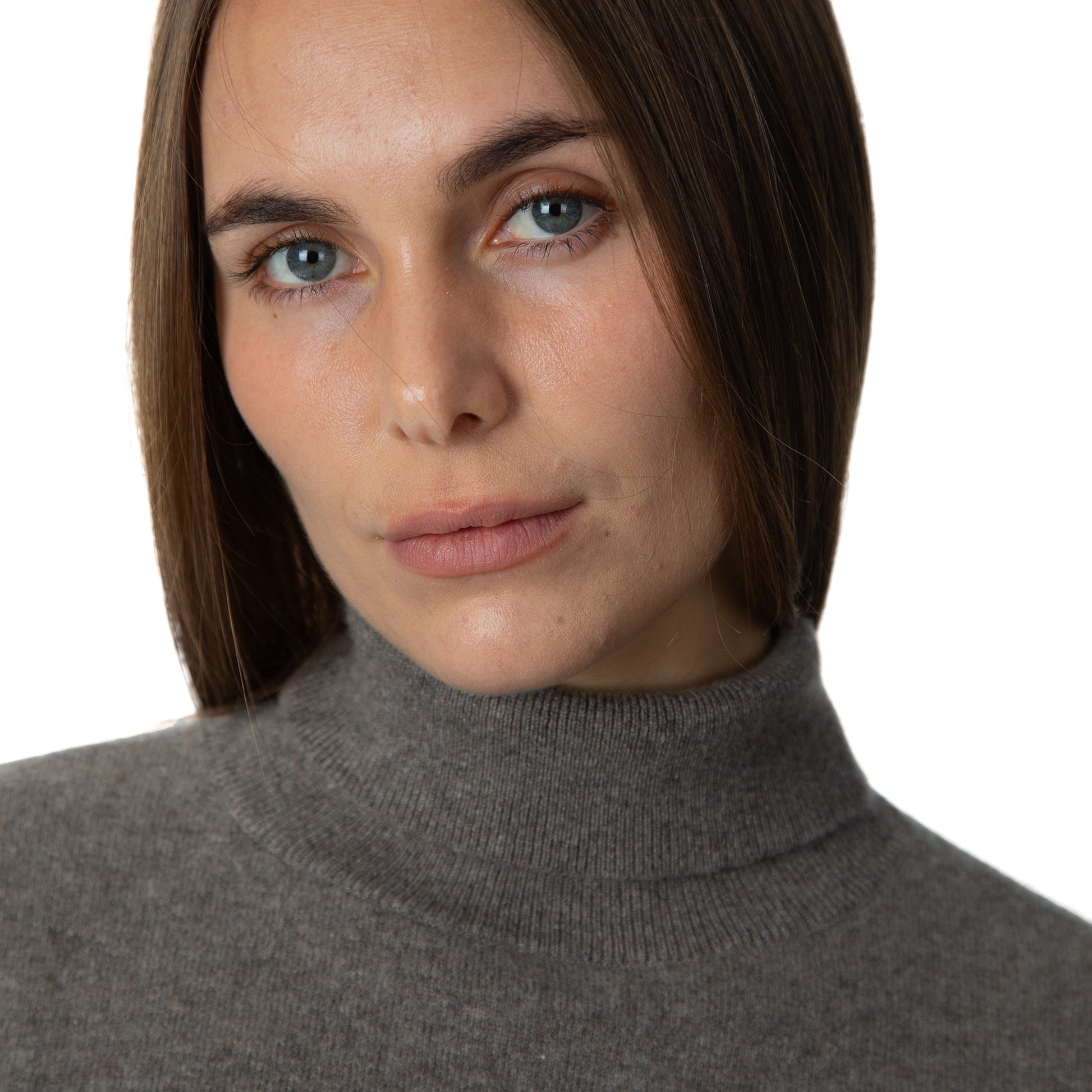 MA21 Cashmere Turtleneck Sweater by Mawei, grey-brown, front view, close up neck details,  female model.