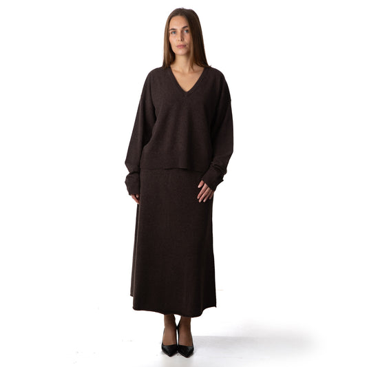 MA08 Oversized Cashmere  V-neck  Sweater,  MA34 Cashmere A-Line Skirt by Mawei, brown, front view, female model