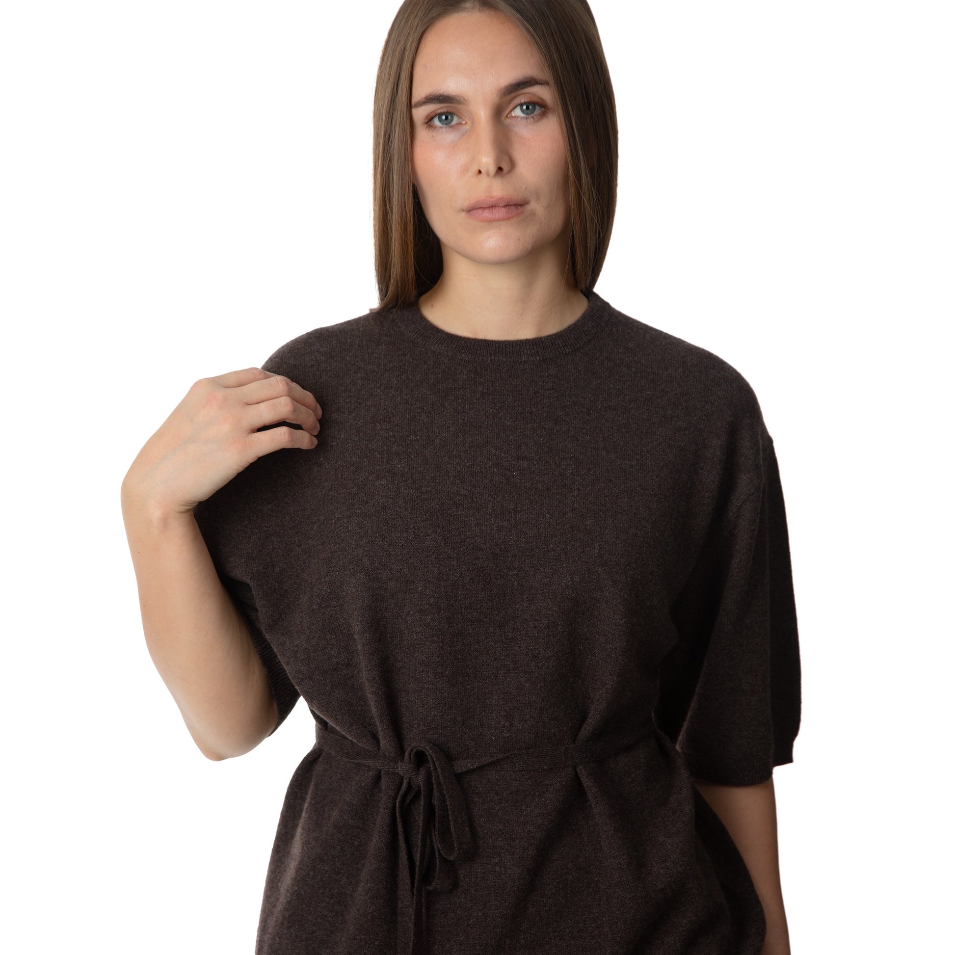MA07 Cashmere Short Sleeve Crewneck Sweater by Mawei, brown, with cashmere ribbon, front view, female model
