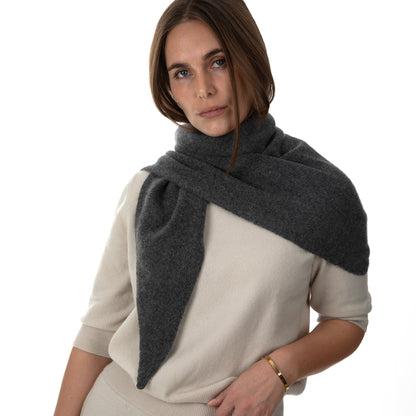 MA81 Cashmere Triangular Scarf by Mawei, grey, front view, female model.
