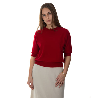 MA03 Cashmere Short Sleeve Crewneck Sweater by Mawei, red, front view, female model.
