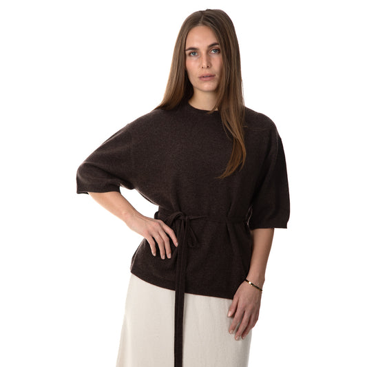 MA07 Cashmere Short Sleeve Crewneck Sweater by Mawei, brown, with cashmere ribbon, front view, female model