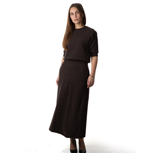 MA34 Cashmere A‑Line Skirt with pockets by Mawei, brown,  front view, female model.