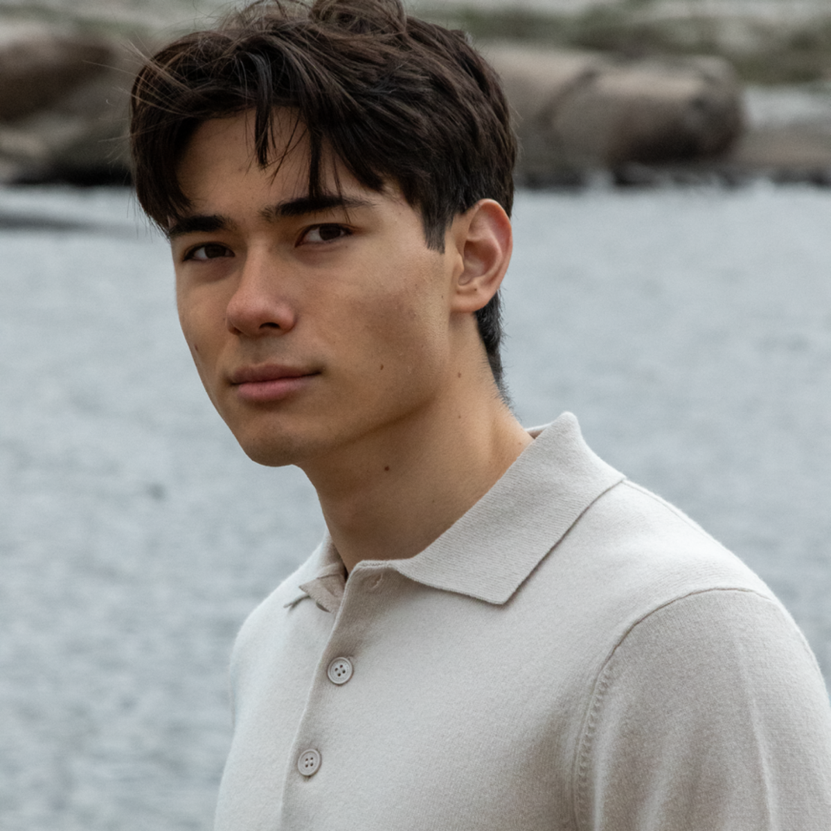 MA25 Cashmere Polo Sweater by Mawei, off white, side view, male model.