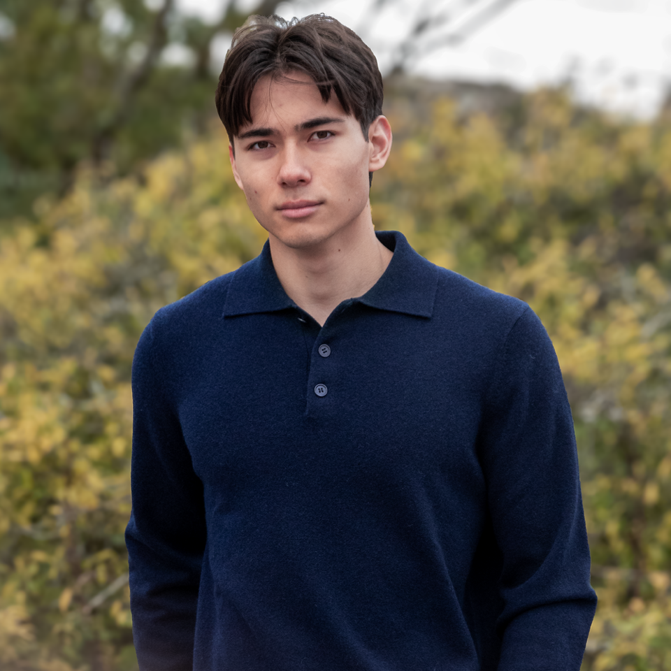 MA25 Cashmere Polo Sweater by Mawei, navy blue, front view, male model.