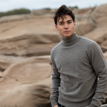 MA21 Cashmere Turtleneck Sweater by Mawei, grey-brown, front view, male model.
