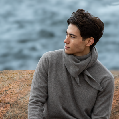 MA81 Cashmere Triangular Scarf by Mawei, grey brown, front view, male model.