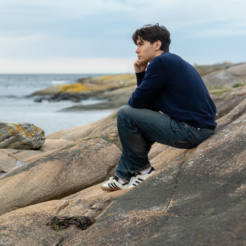 MA22 Cashmere Crewneck Sweater by Mawei, navy blue, side view, male model.