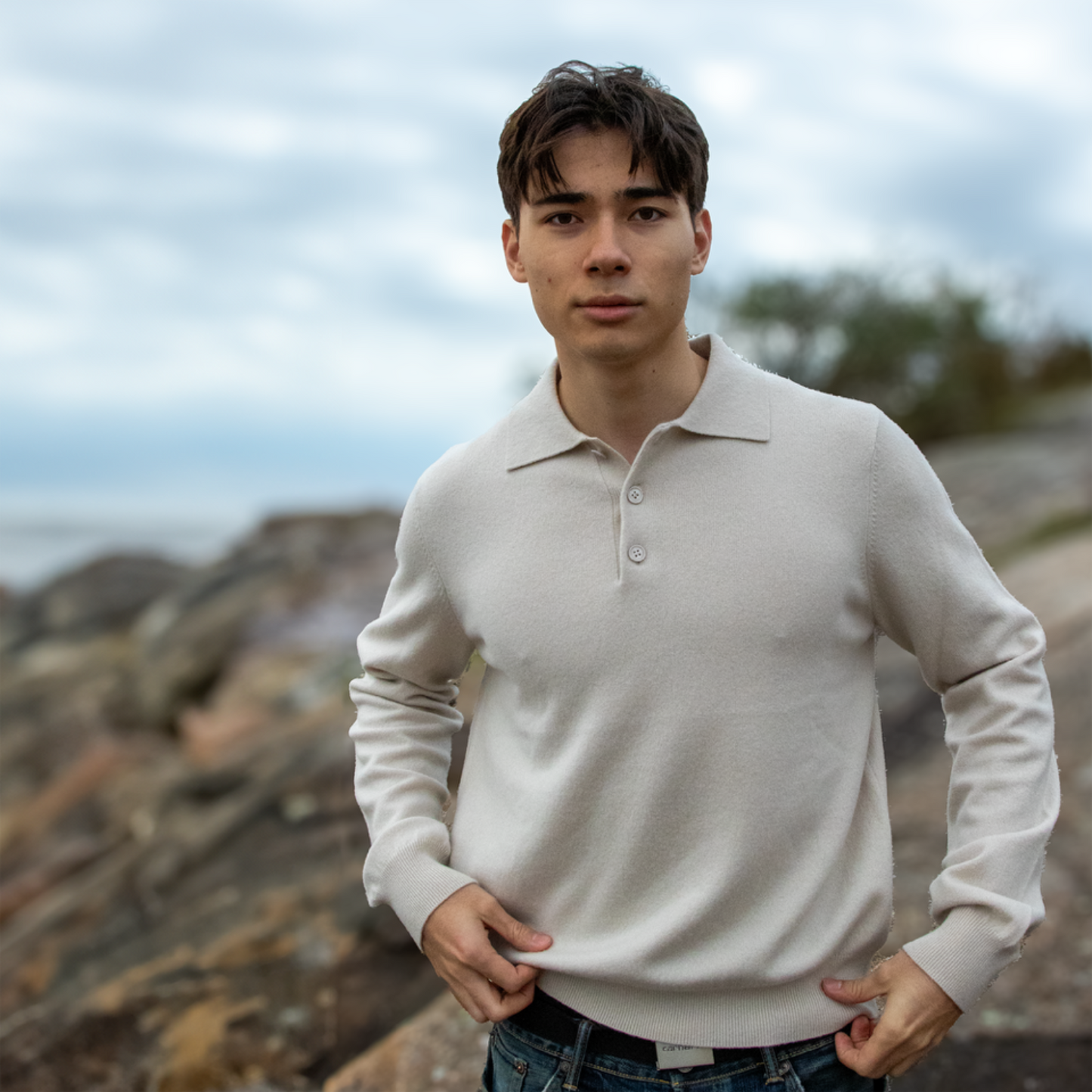 MA25 Cashmere Polo Sweater by Mawei, off white, front view, male model.