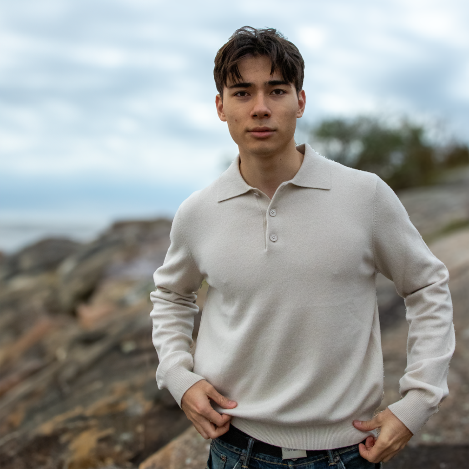 MA25 Cashmere Polo Sweater by Mawei, off white, front view, male model.